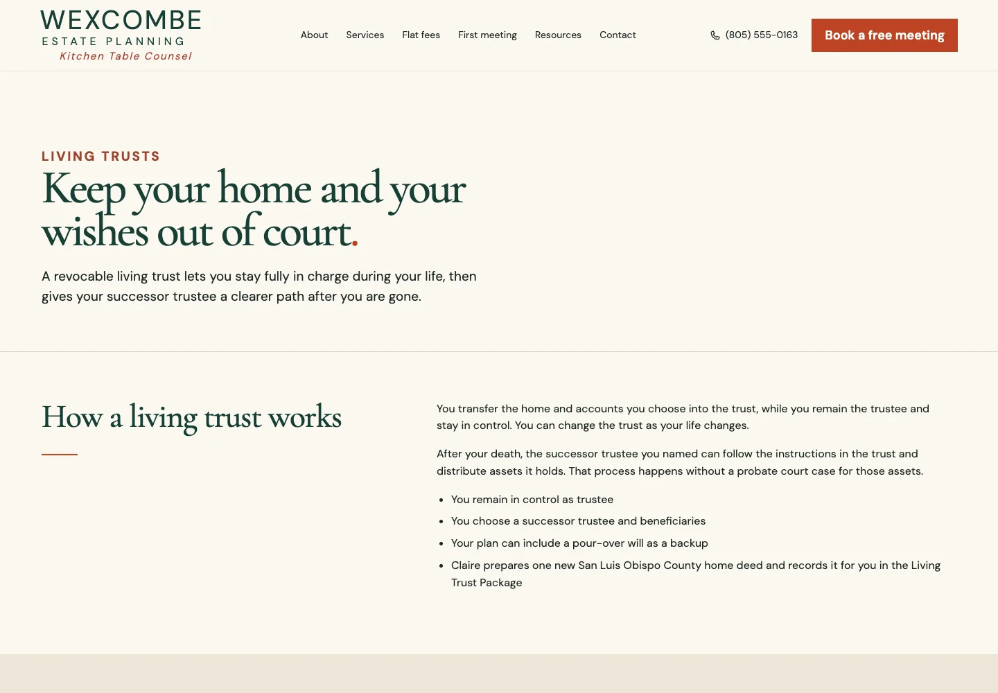 Wexcombe Estate Planning's living trusts page, built by Theo: Keep your home and your wishes out of court, then How a living trust works in four points