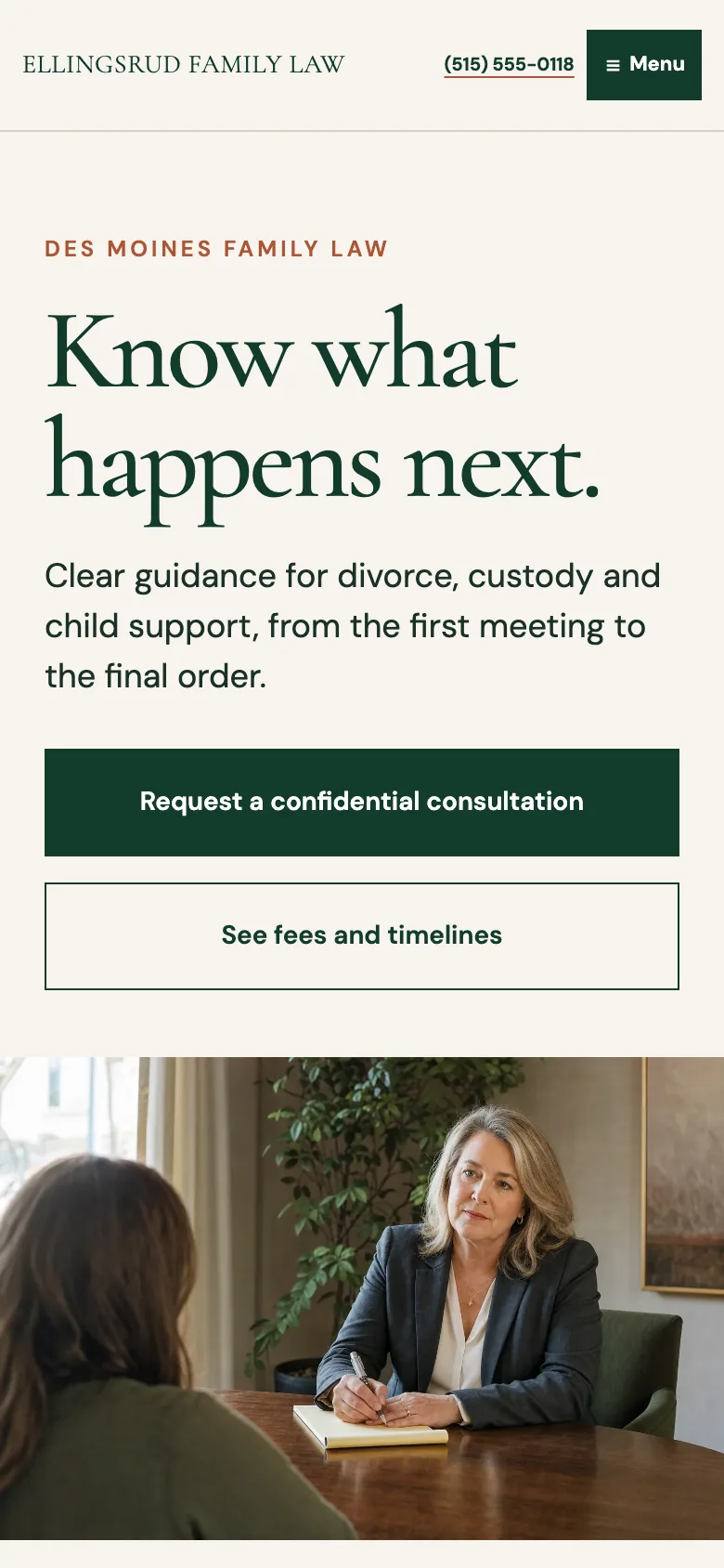 Ellingsrud Family Law home page on a phone, built by Theo