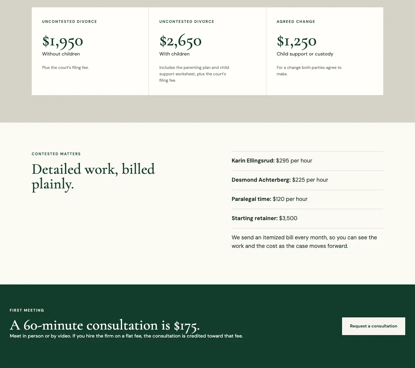 Ellingsrud Family Law fees page, built by Theo: three flat fees in large type, each attorney's hourly rate and the starting retainer for contested matters, and a band giving the first consultation's length and cost