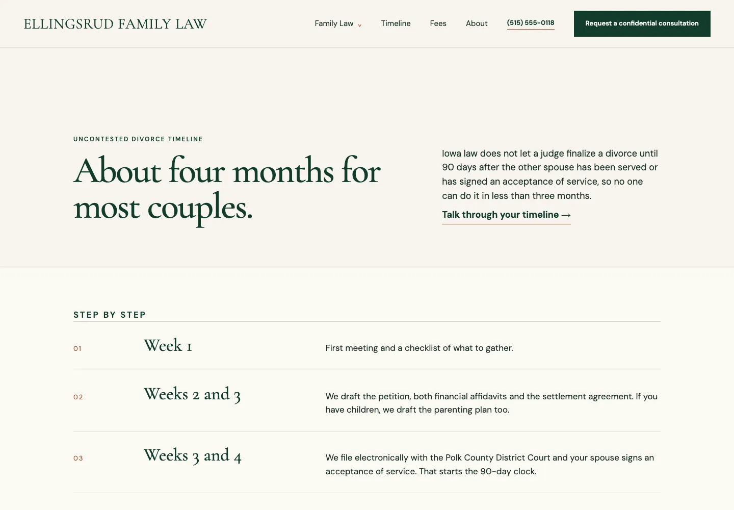 Timeline page of Ellingsrud Family Law, built by Theo