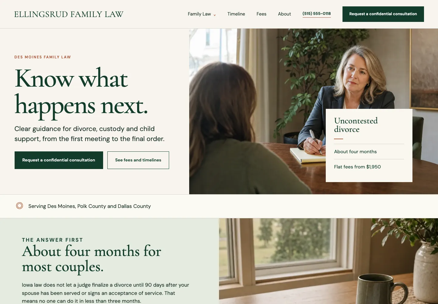 Ellingsrud Family Law home page, built by Theo: Des Moines Family Law above the headline, divorce, custody and child support named under it, the counties served in a strip below, and a Request a confidential consultation button