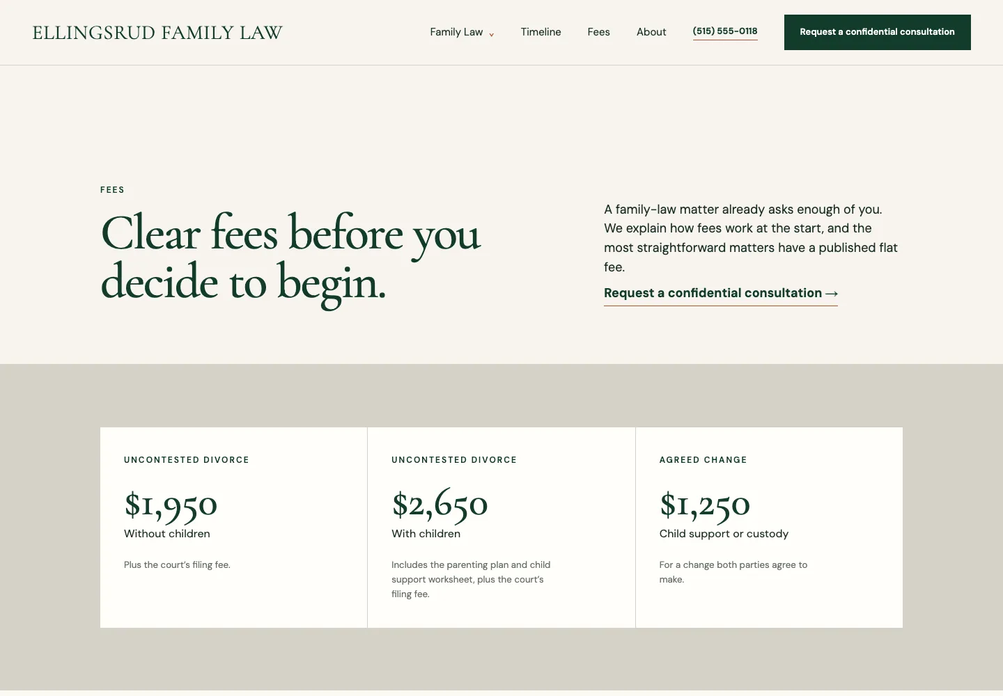 Fees page of Ellingsrud Family Law, built by Theo