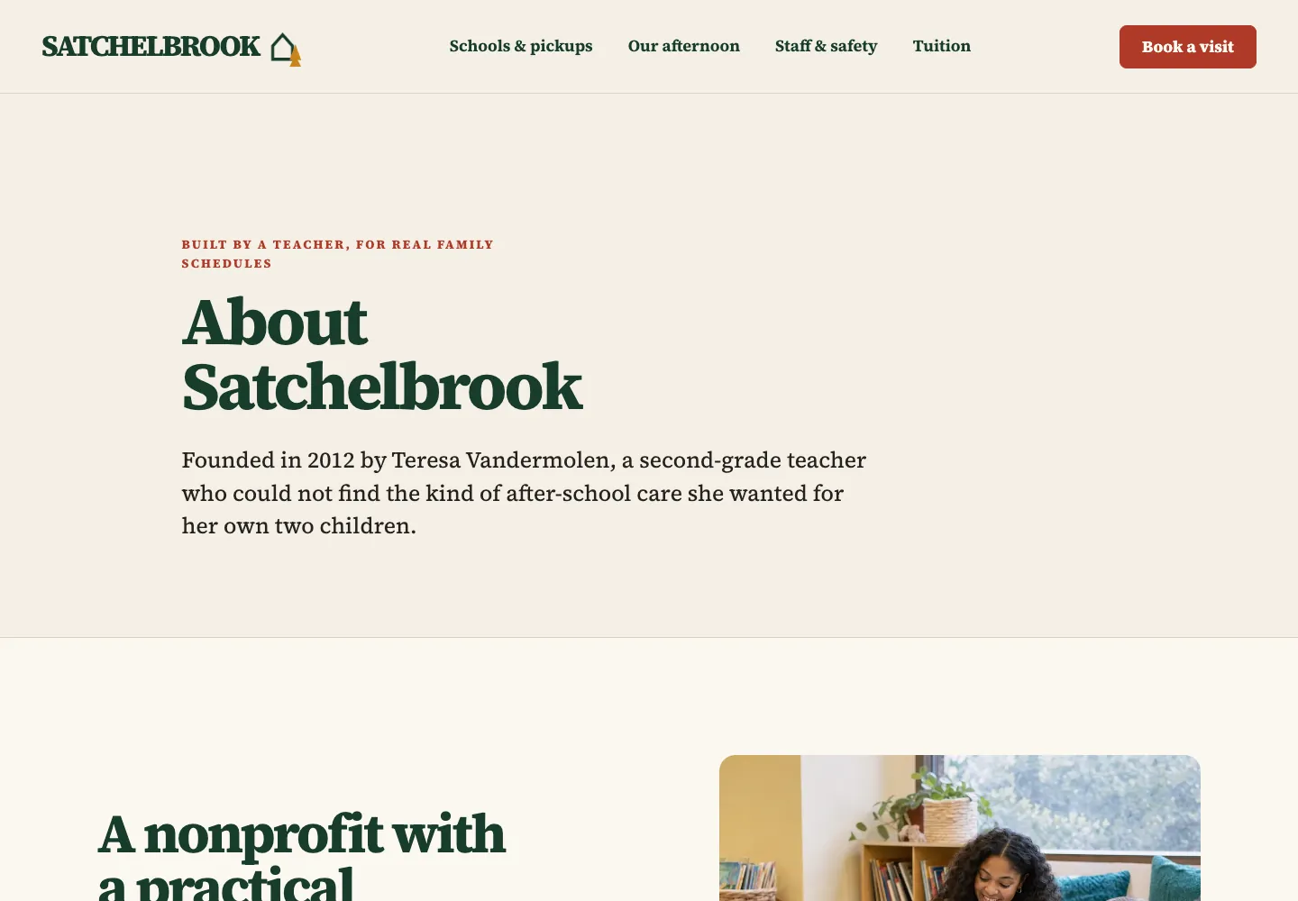 Satchelbrook After-School Program About page, built by Theo: the headline About Satchelbrook and the line on the teacher who founded it in 2012