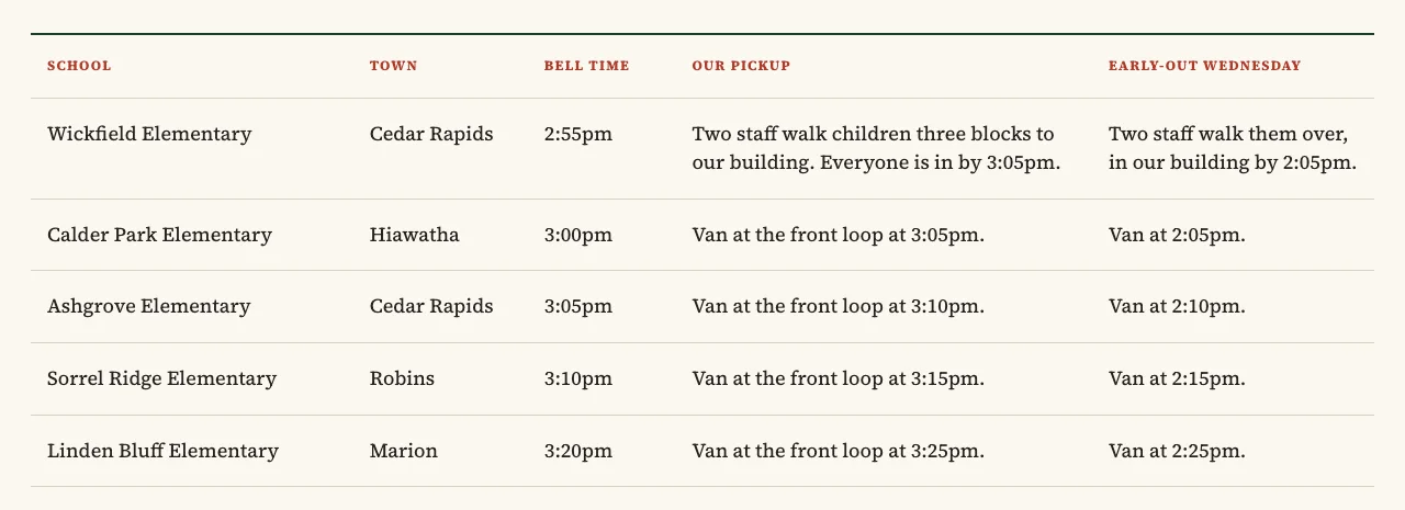 Satchelbrook After-School Program's Schools and pickup times page, built by Theo: a table of five elementary schools with the town, bell time, pickup time and early-out Wednesday time