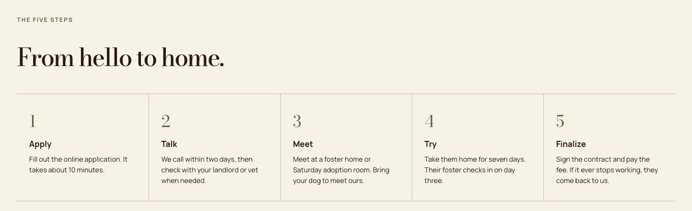 Cottonwick Animal Rescue's How adoption works page, built by Theo: five steps titled Apply, Talk, Meet, Try and Finalize, each with one or two lines