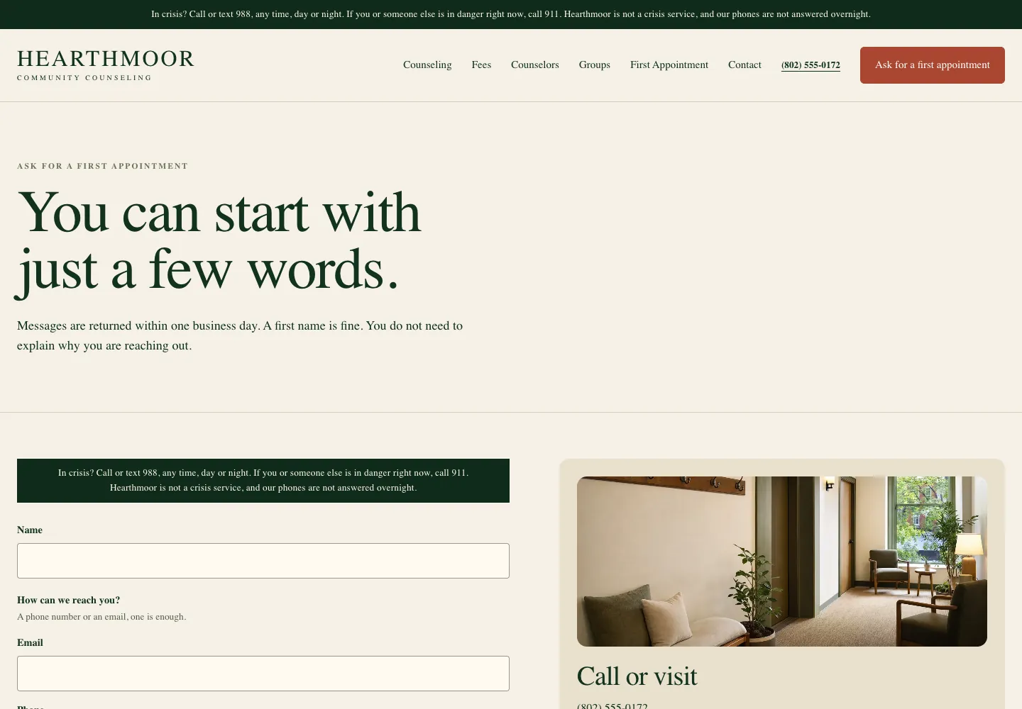 Hearthmoor Community Counseling contact page, built by Theo: the headline You can start with just a few words, a one-business-day reply promise, a crisis line note and the start of a short form