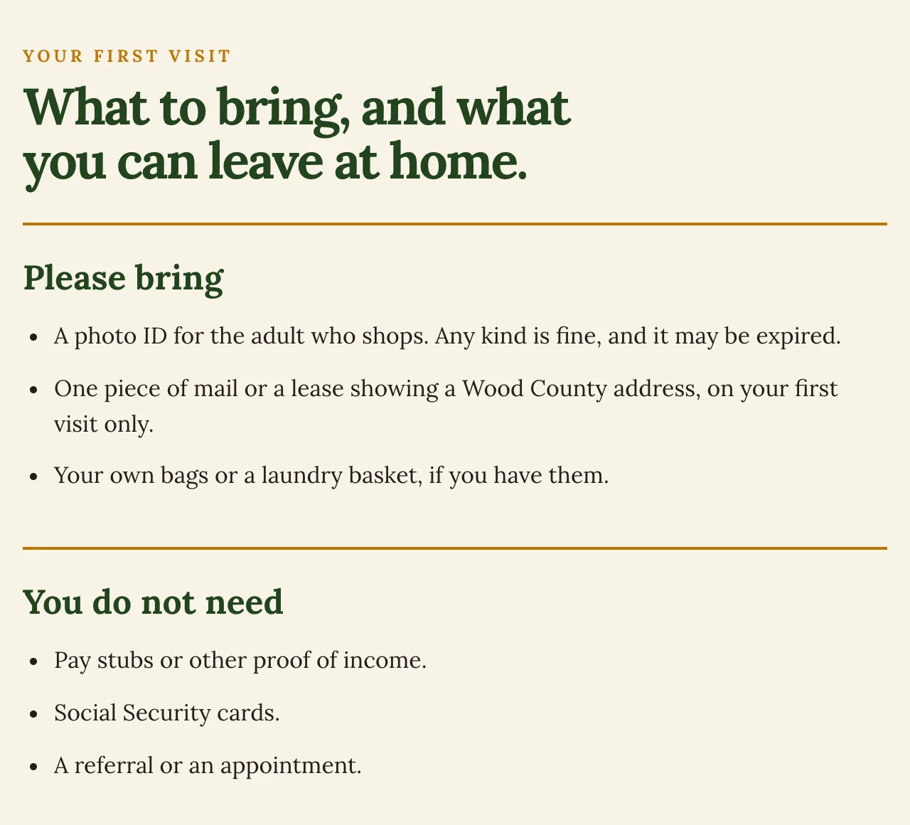 The first-visit section of the Thistlecup Community Pantry town page, built by Theo: the headline What to bring, and what you can leave at home, a Please bring list (a photo ID, mail showing a Wood County address, your own bags) and a You do not need list (pay stubs, Social Security cards, a referral or an appointment)