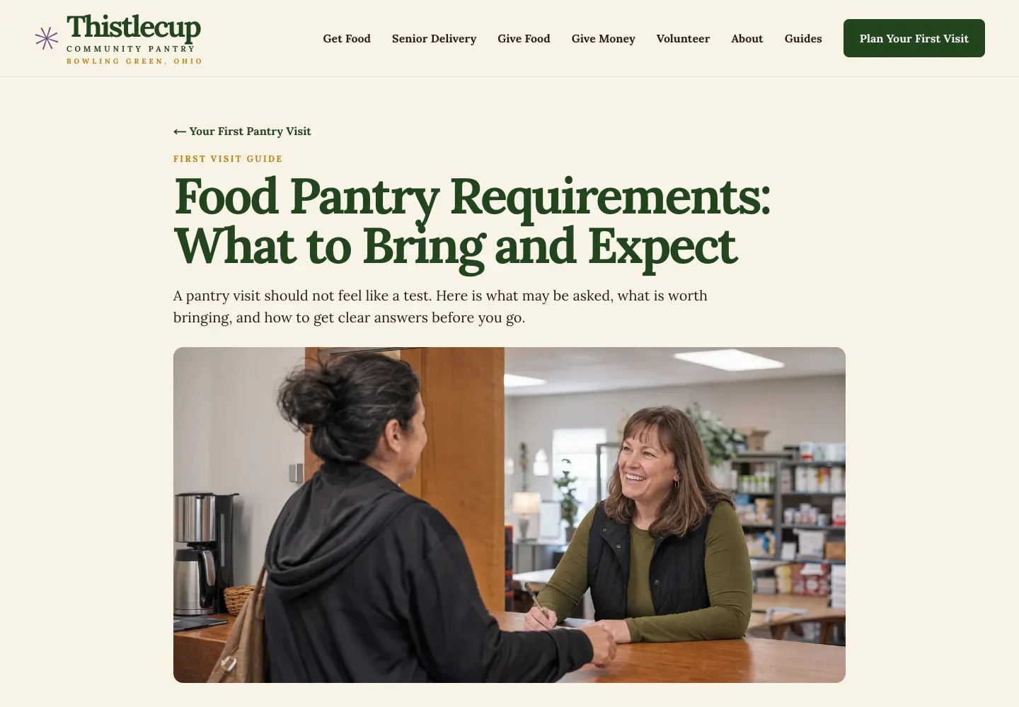 Thistlecup Community Pantry's guide Food Pantry Requirements: What to Bring and Expect, built by Theo, with a photo of a volunteer greeting a visitor at the check-in desk