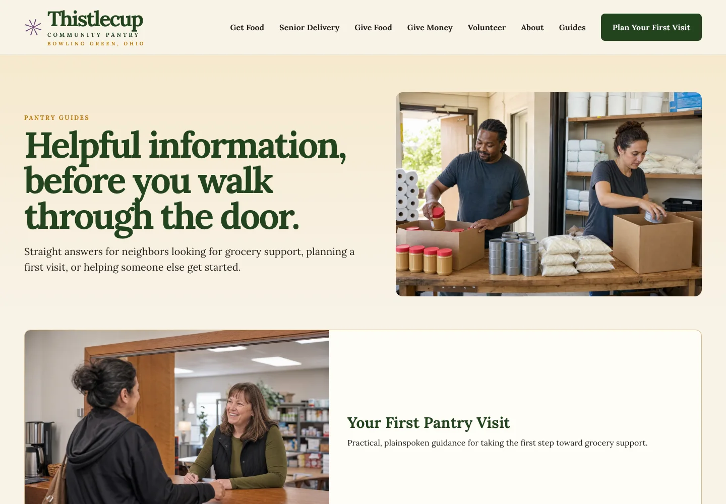 Thistlecup Community Pantry's new Pantry Guides page, built by Theo, with the headline Helpful information, before you walk through the door, and a photo of two volunteers packing groceries