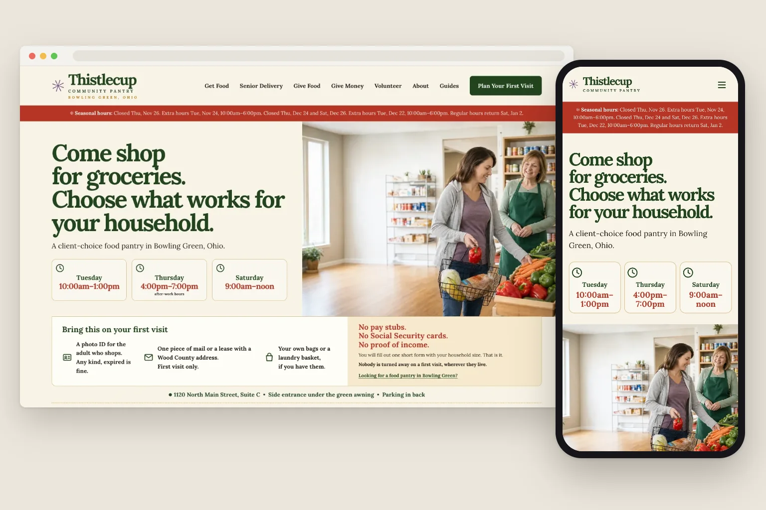 Thistlecup Community Pantry home page on a computer and a phone, built by Theo
