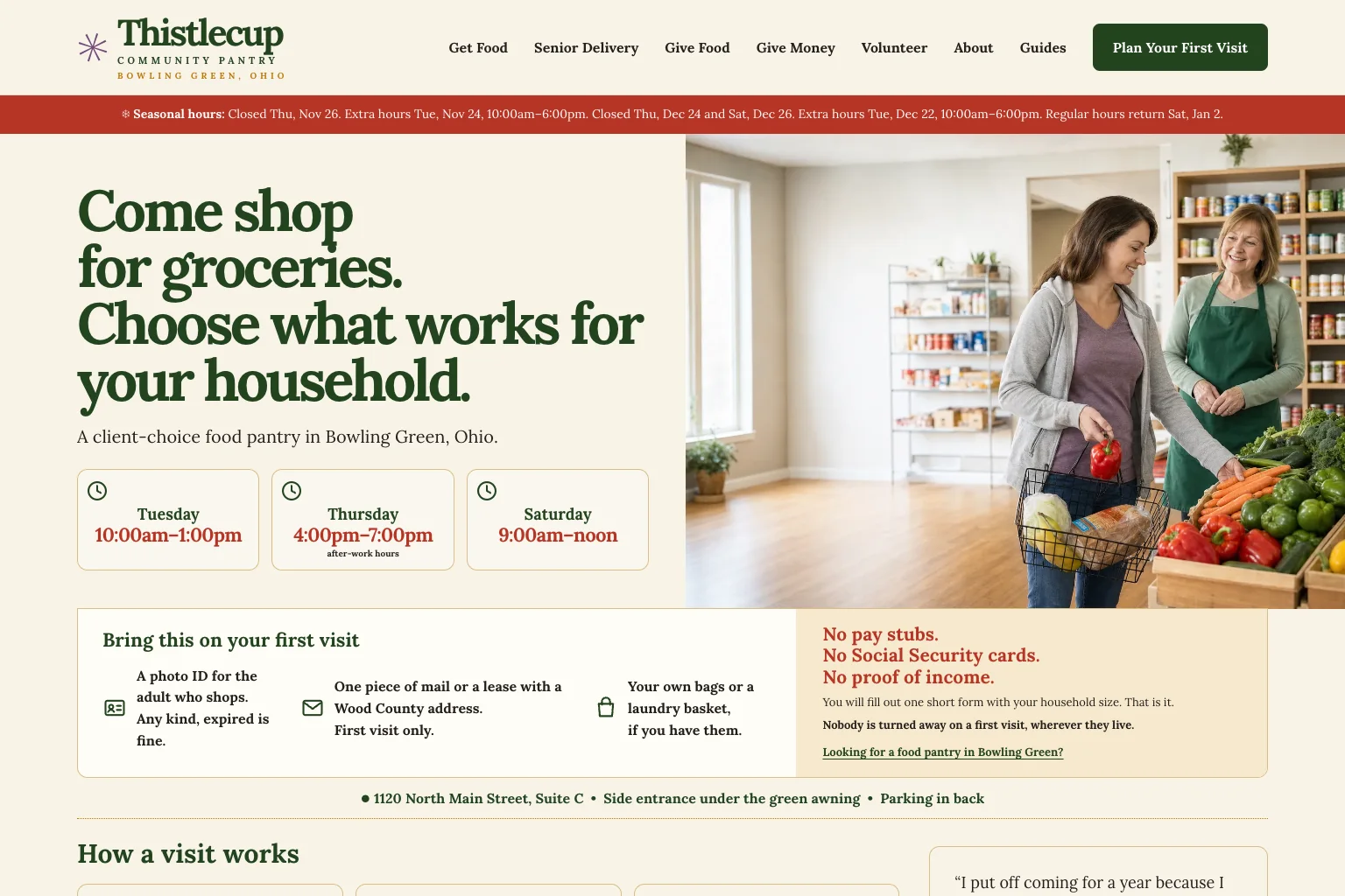 Home page of Thistlecup Community Pantry, built by Theo: the headline Come shop for groceries. Choose what works for your household., three boxes with shopping hours, and a shopper choosing produce with a volunteer