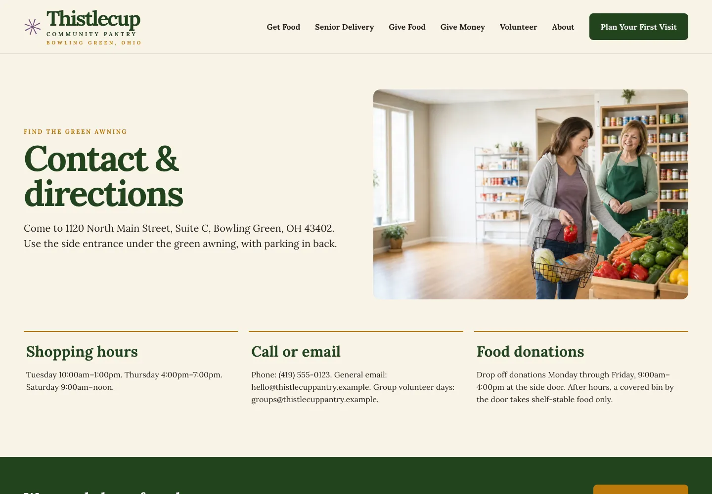 Thistlecup Community Pantry contact and directions page, built by Theo: the heading Contact and directions with the side entrance under the green awning, a photo of a shopper and a volunteer, and three cards for shopping hours, call or email, and food donations
