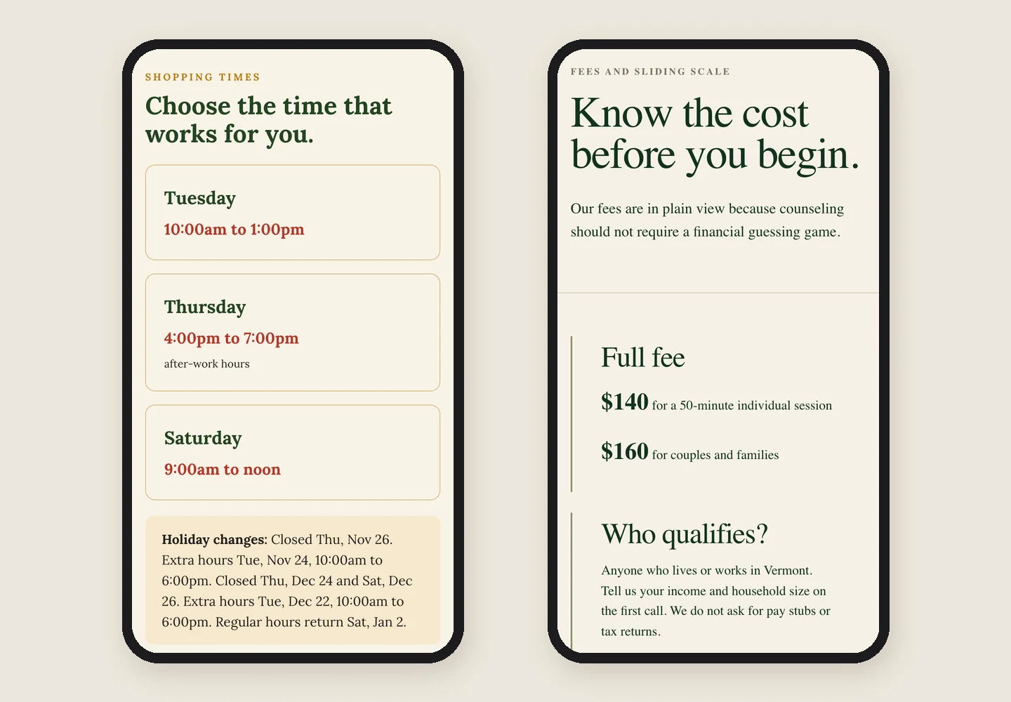 Two phone screens from sites built by Theo: Thistlecup Community Pantry's shopping times for Tuesday, Thursday and Saturday with the holiday changes below, and Hearthmoor Community Counseling's Fees page with the full fee and Who qualifies