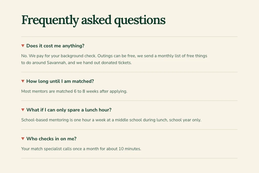 Sparrowgate Youth Mentoring Become a mentor page FAQ, built by Theo: four answers opened, from Does it cost me anything? to Who checks in on me?