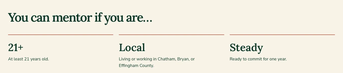 Sparrowgate Youth Mentoring's Become a mentor page, built by Theo: You can mentor if you are 21 or older, living or working in Chatham, Bryan or Effingham County, and ready to commit for one year