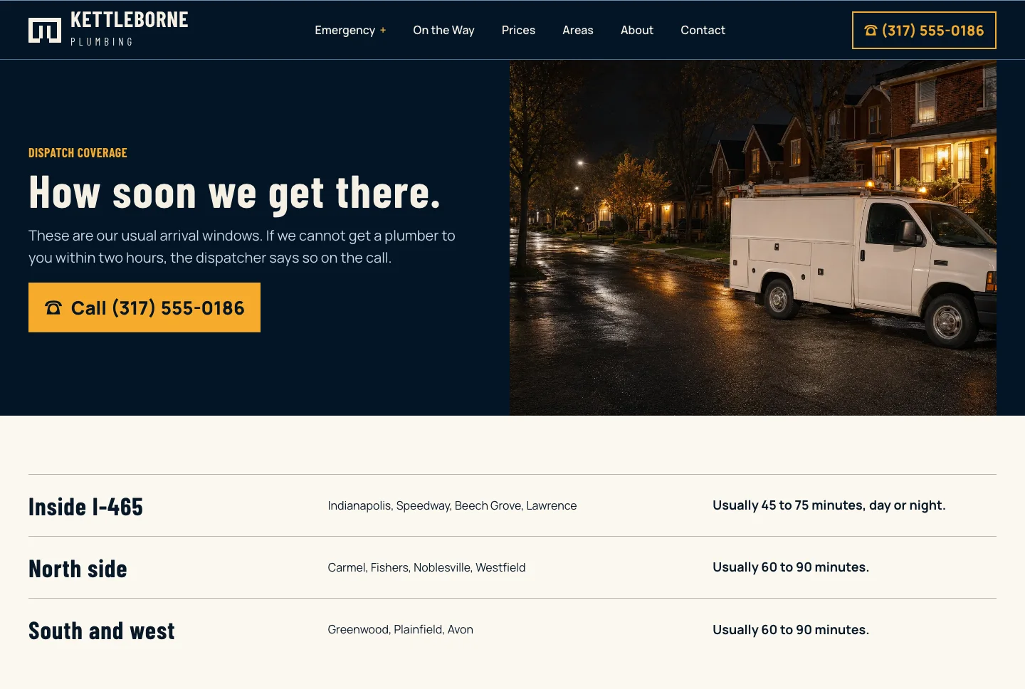 Kettleborne Plumbing's areas page, built by Theo: the headline How soon we get there, a Call button, and three areas with their towns and usual arrival times