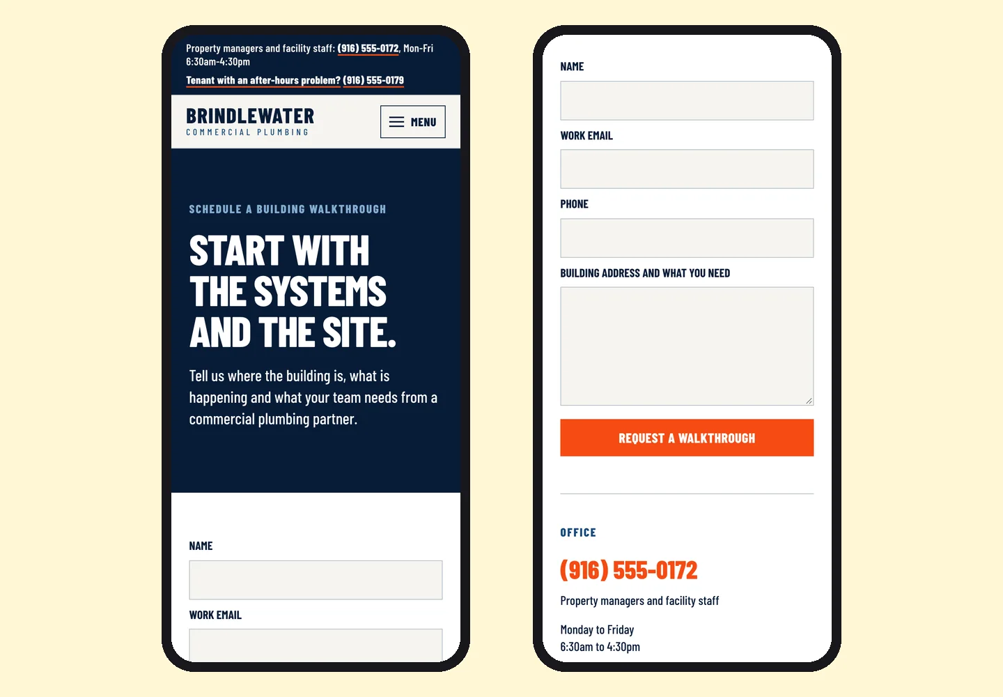 Brindlewater Commercial Plumbing contact page, built by Theo, on two phone screens: a heading about scheduling a building walkthrough, then the request form and the office phone number