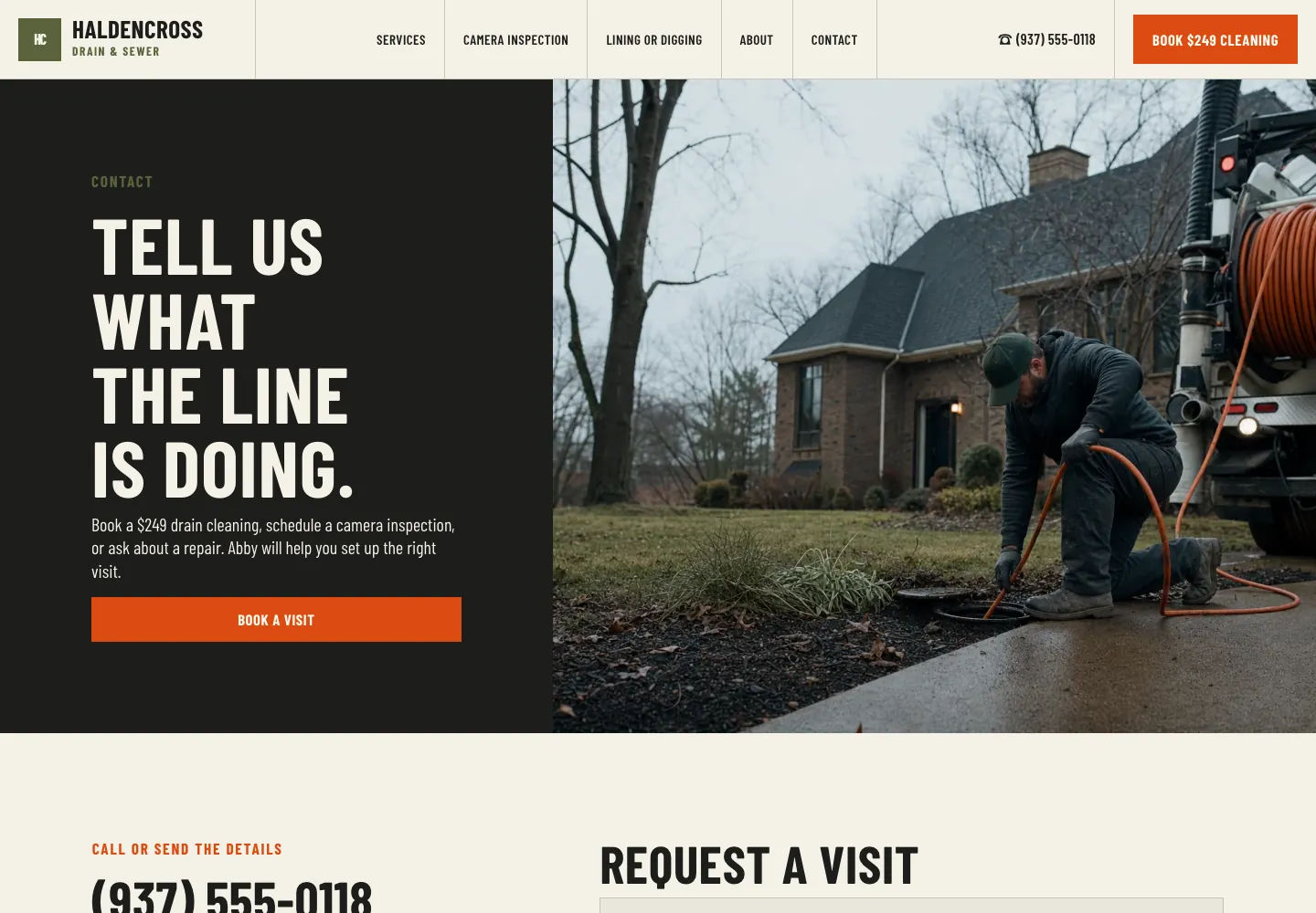 Haldencross Drain & Sewer contact page, built by Theo: the headline Tell us what the line is doing, a Book a visit button and the phone number in the header
