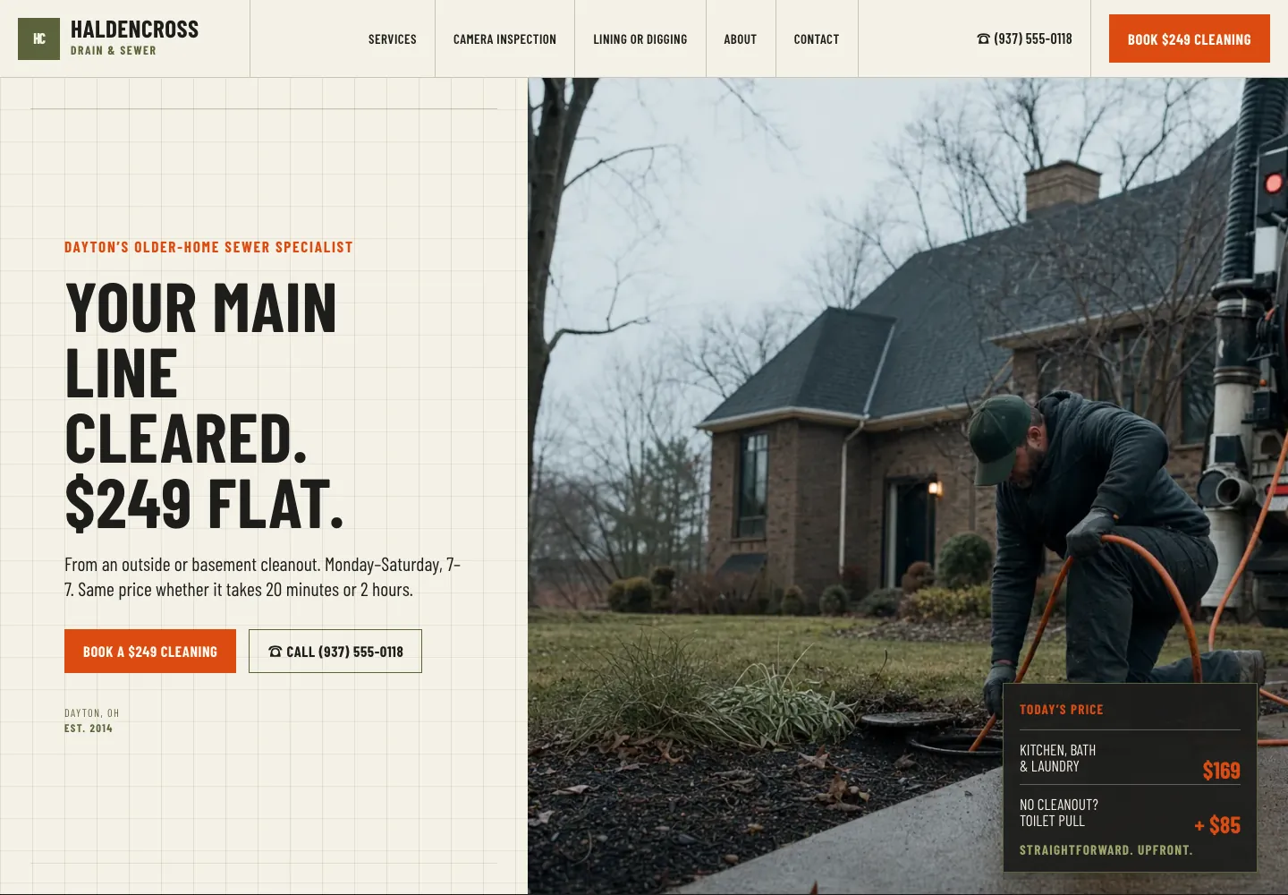 Haldencross Drain & Sewer home page, built by Theo: Dayton's older-home sewer specialist above the headline Your main line cleared. $249 flat., with Book a $249 cleaning and the phone number beside it