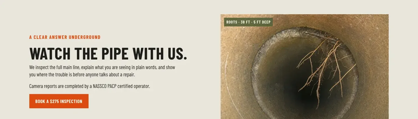 Haldencross Drain & Sewer's camera inspection page, built by Theo: Watch the pipe with us, a promise to show where the trouble is before anyone talks about a repair, a Book a $275 inspection button, and a camera view of roots in a pipe