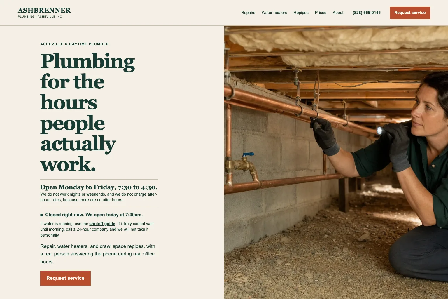 Ashbrenner Plumbing home page, built by Theo