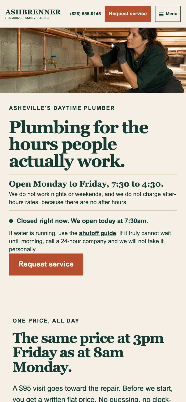 Ashbrenner Plumbing home page on a phone, built by Theo