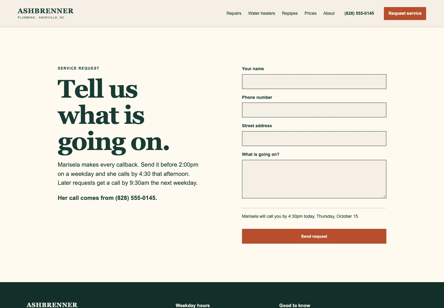 Request form page of Ashbrenner Plumbing, built by Theo