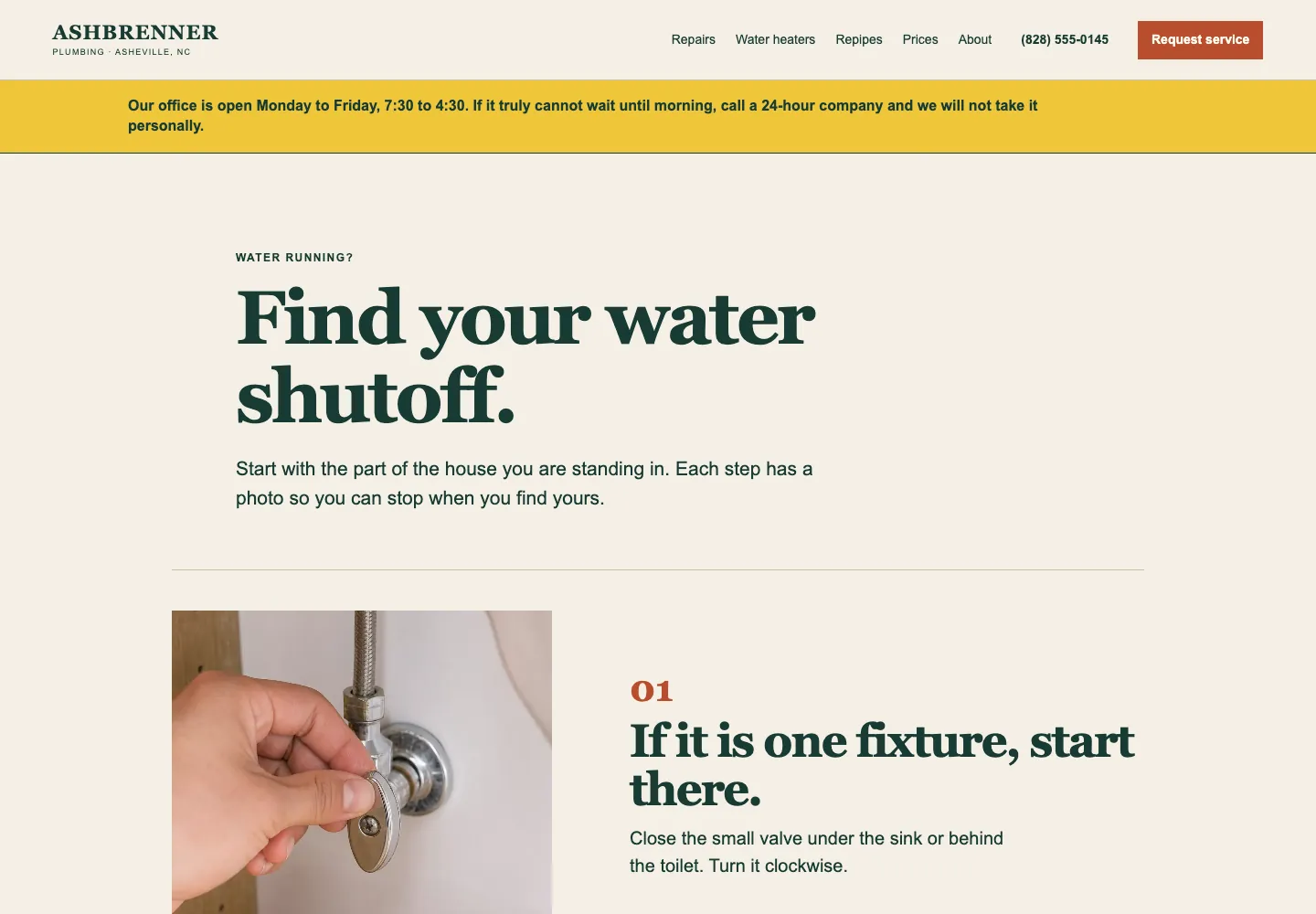 Shutoff guide page of Ashbrenner Plumbing, built by Theo