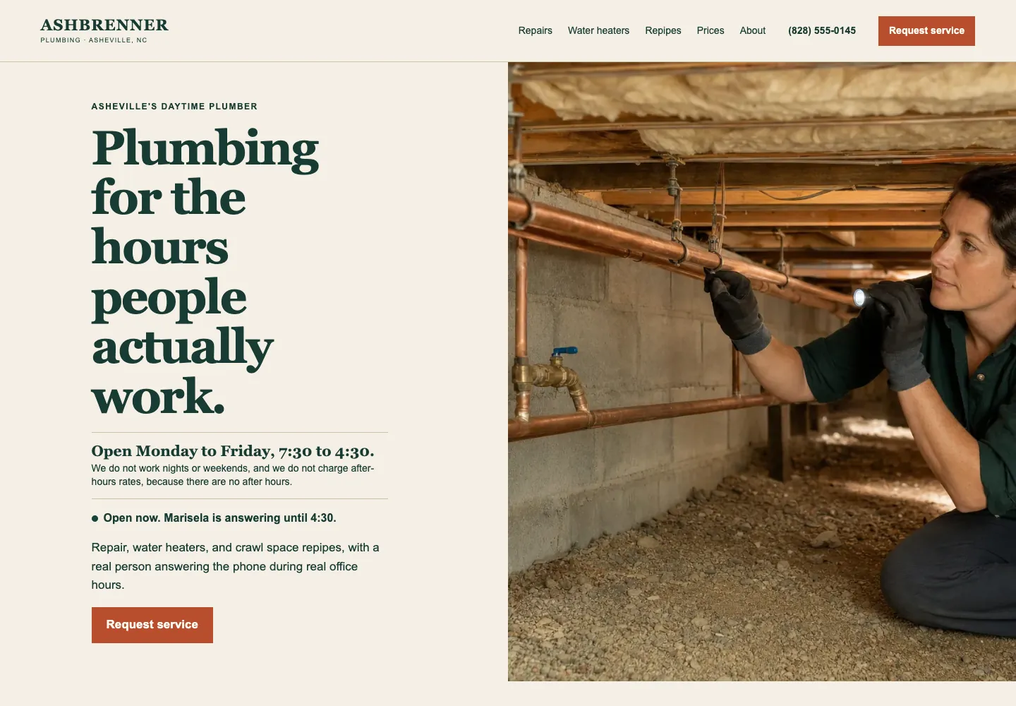Ashbrenner Plumbing home page, built by Theo: Open Monday to Friday, 7:30 to 4:30 under the headline and a live line saying the office is open now