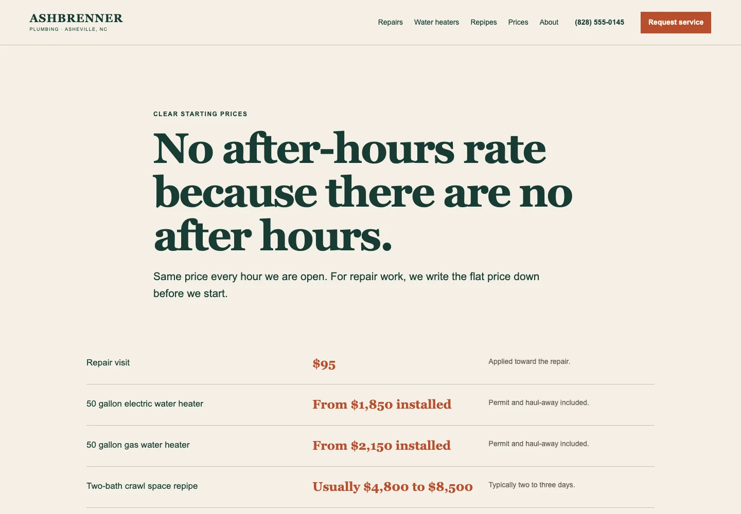 Prices page of Ashbrenner Plumbing, built by Theo