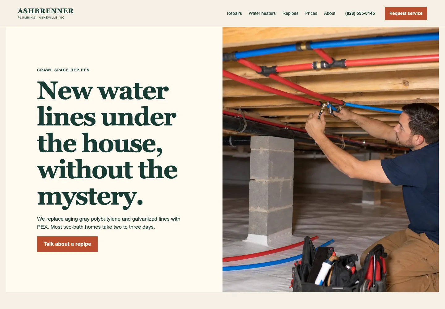 Ashbrenner Plumbing crawl space repipes page, built by Theo: New water lines under the house, without the mystery, with Repairs, Water heaters and Repipes as separate menu items