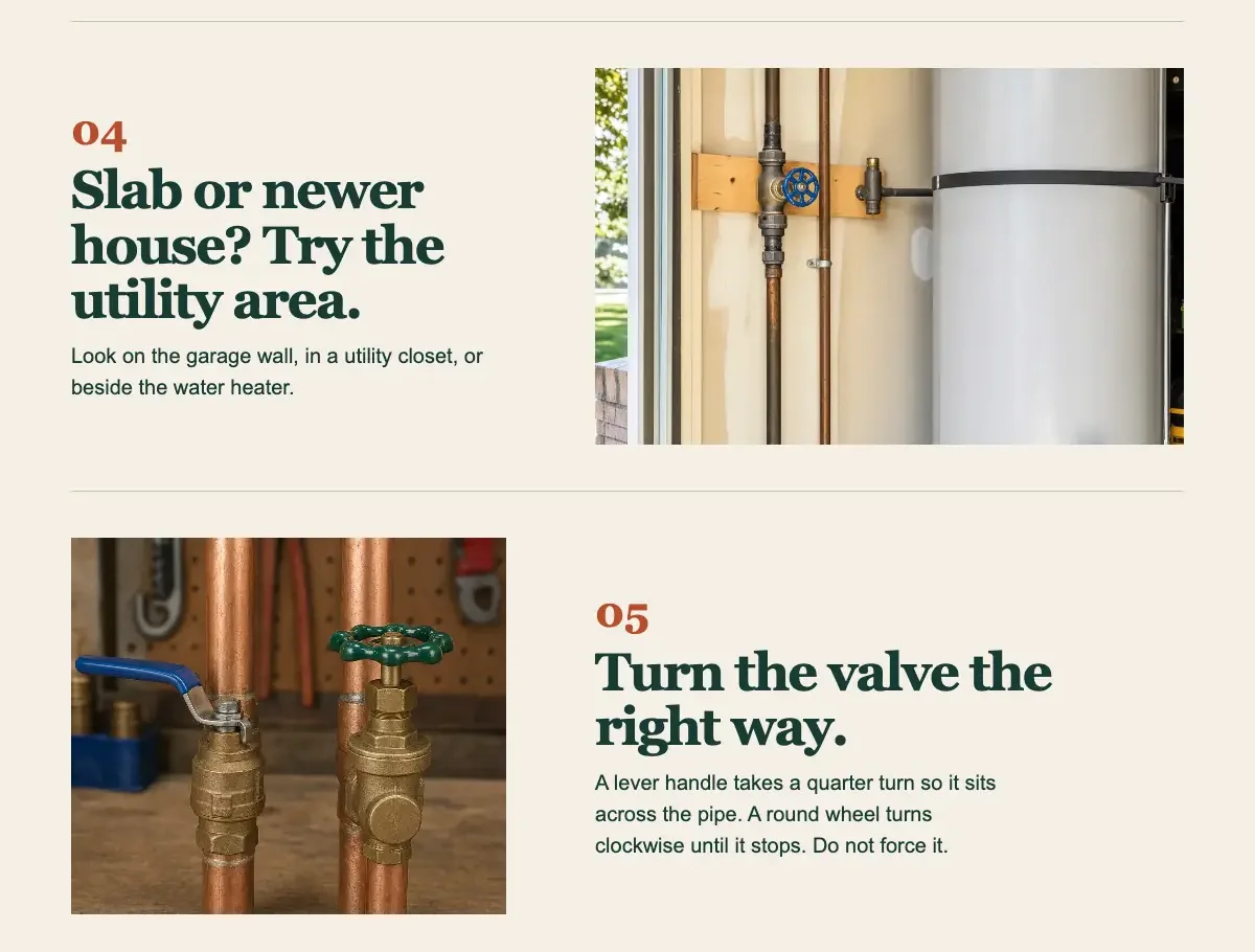 Ashbrenner Plumbing's Find your water shutoff guide, built by Theo: step 04, Slab or newer house? Try the utility area, and step 05, Turn the valve the right way, each with a photo of the valve