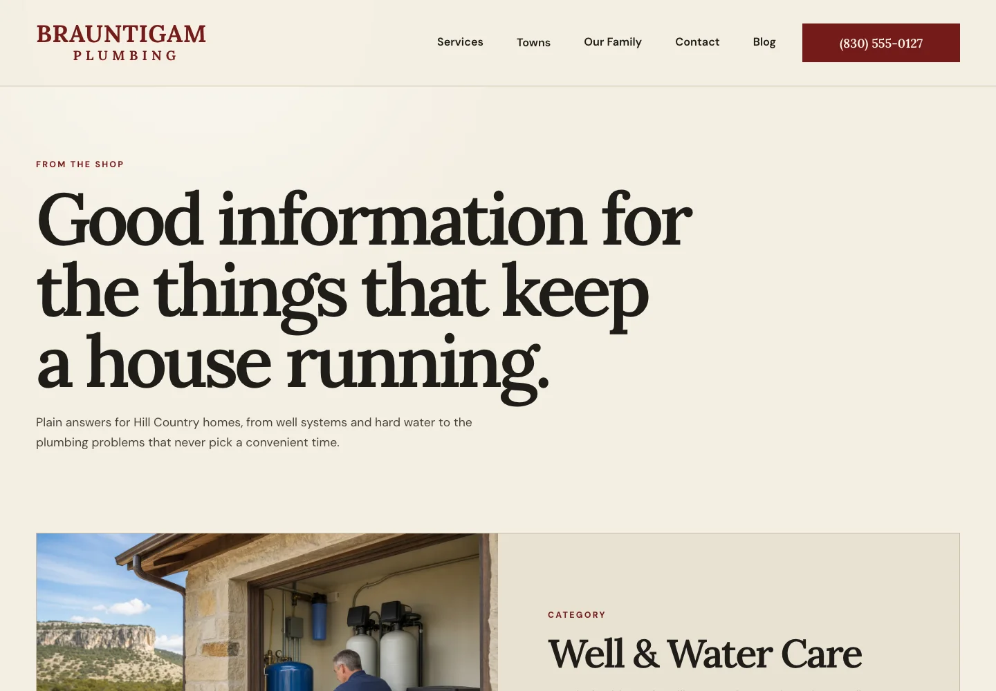 Brauntigam Plumbing's new blog home, built by Theo: the headline Good information for the things that keep a house running, with Blog in the menu