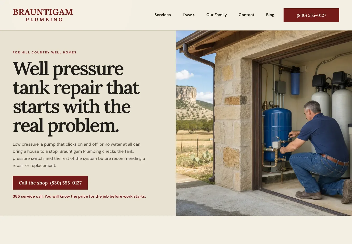Brauntigam Plumbing's well pressure tank repair page, built by Theo: the headline, a Call the shop button and a line giving the $85 service call and the job price before work starts