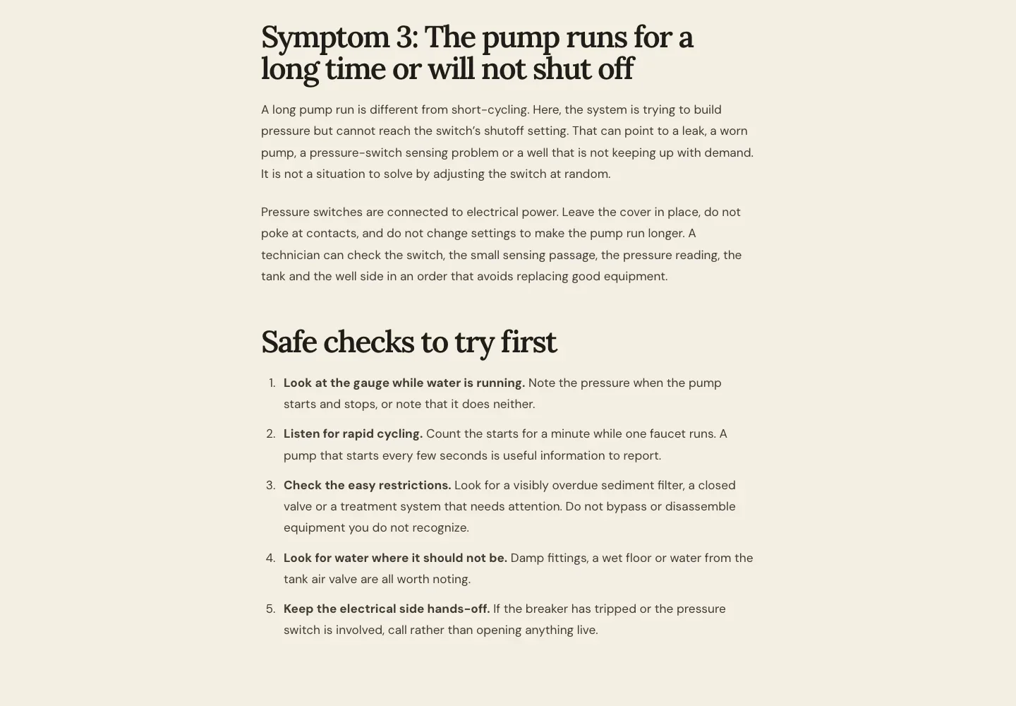 Brauntigam Plumbing's well pressure tank guide, built by Theo: the third symptom, a pump that runs a long time or will not shut off, and a numbered list of five safe checks before you call