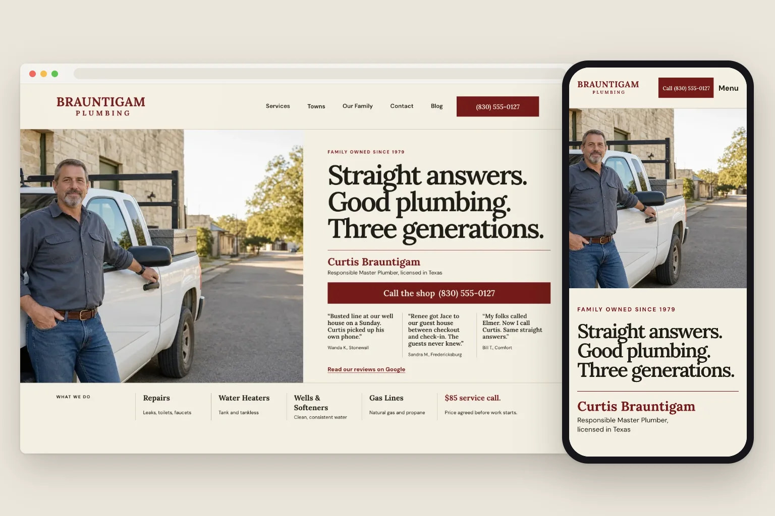 Brauntigam Plumbing home page on a computer and a phone, built by Theo