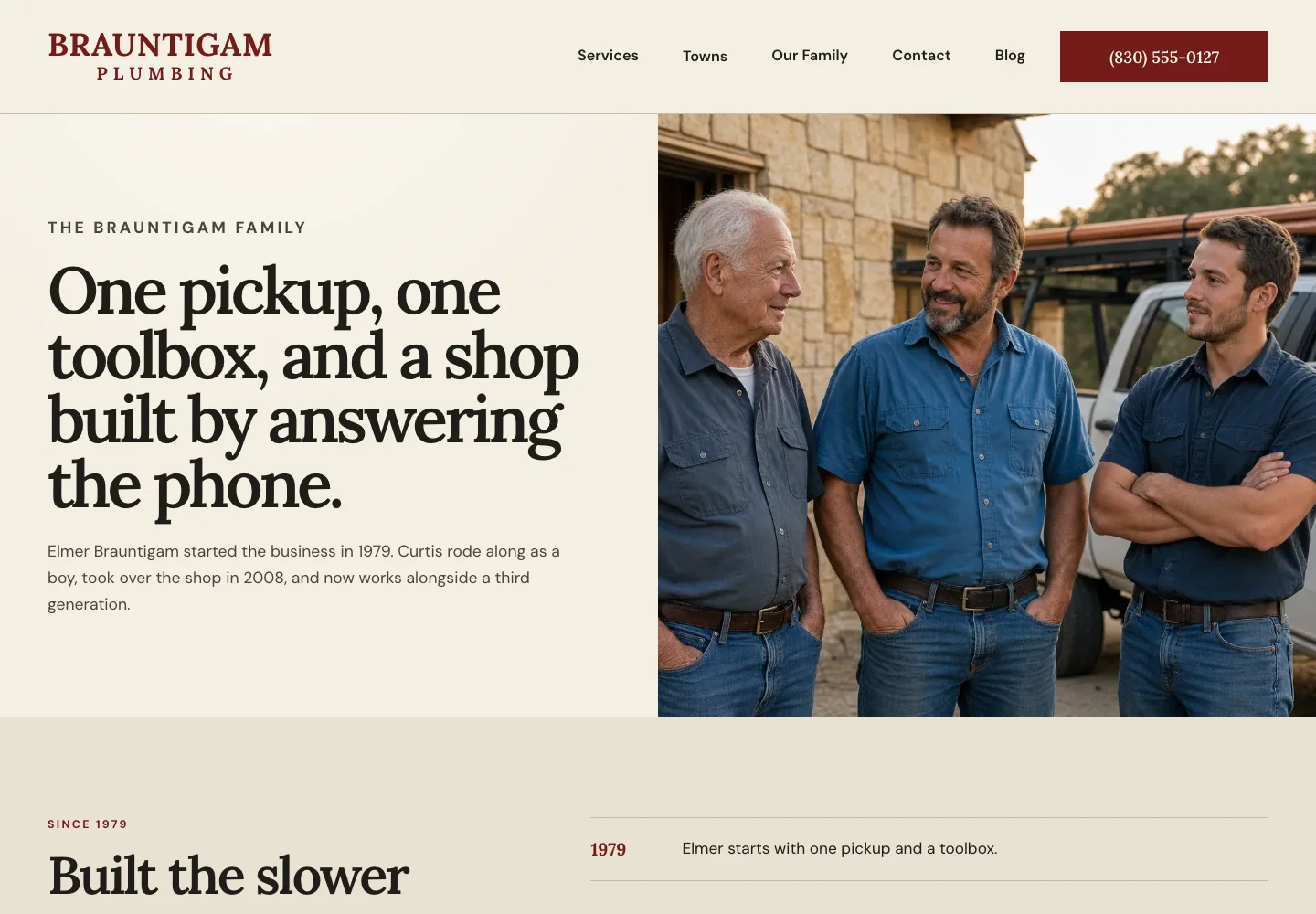 Our Family page of Brauntigam Plumbing, built by Theo: three generations of the family standing by a work truck, beside the headline One pickup, one toolbox, and a shop built by answering the phone.