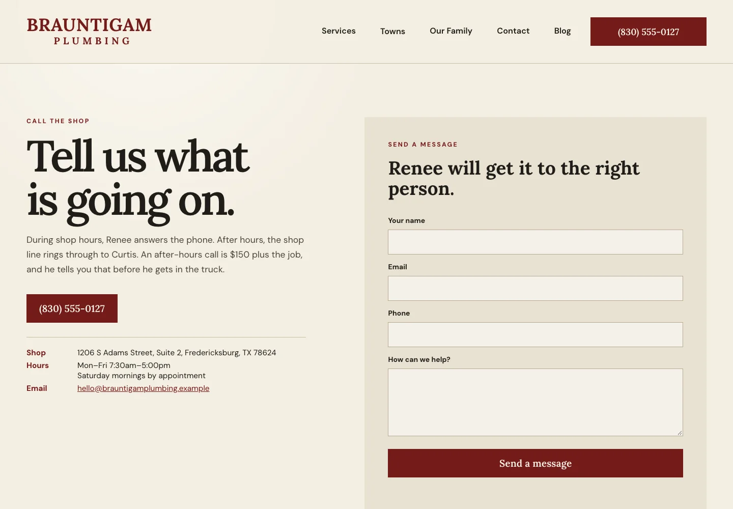 Brauntigam Plumbing contact page, built by Theo: the heading Tell us what is going on, the line saying who answers after hours and what the call costs, the number as a red button, shop address, hours and email, and a four-field message form