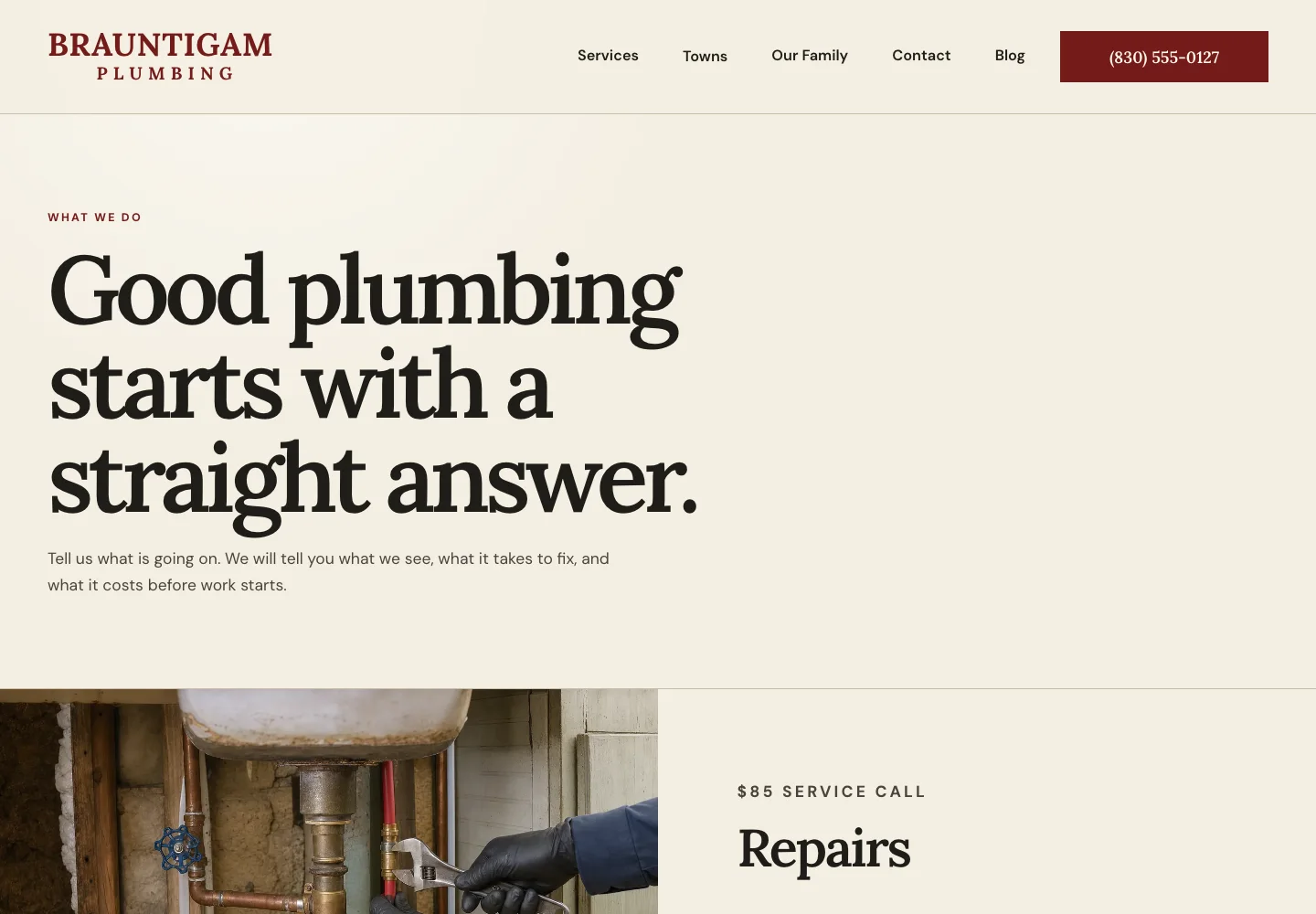 Services page of Brauntigam Plumbing, built by Theo: the headline Good plumbing starts with a straight answer., a line promising the cost before work starts, and the first block, Repairs