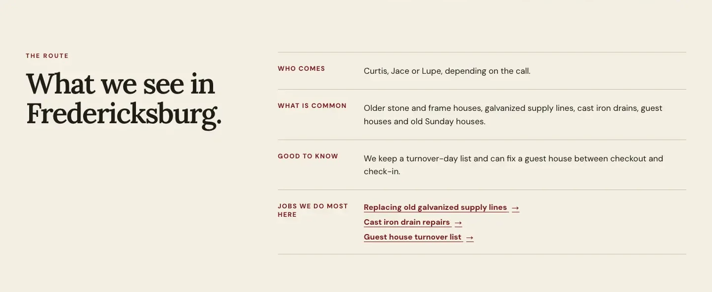 Brauntigam Plumbing's Fredericksburg page, built by Theo: What we see in Fredericksburg, with who comes, the older stone and frame houses and cast iron drains that are common there, a note on guest houses, and links to the jobs done most in town