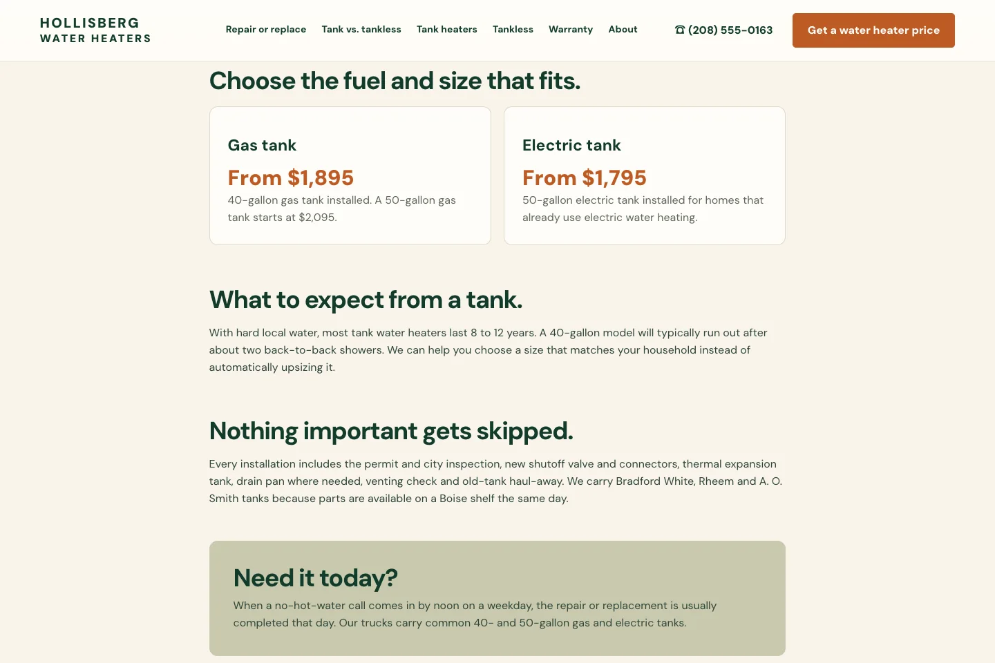 Hollisberg Water Heaters page, built by Theo, with price cards for a gas tank from $1,895 and an electric tank from $1,795, then sections on how long a tank lasts, what every installation includes and same-day service
