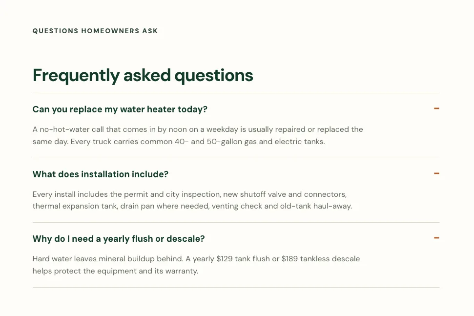 Hollisberg Water Heaters home-page FAQ, built by Theo: three answers opened, Can you replace my water heater today?, What does installation include? and Why do I need a yearly flush or descale?