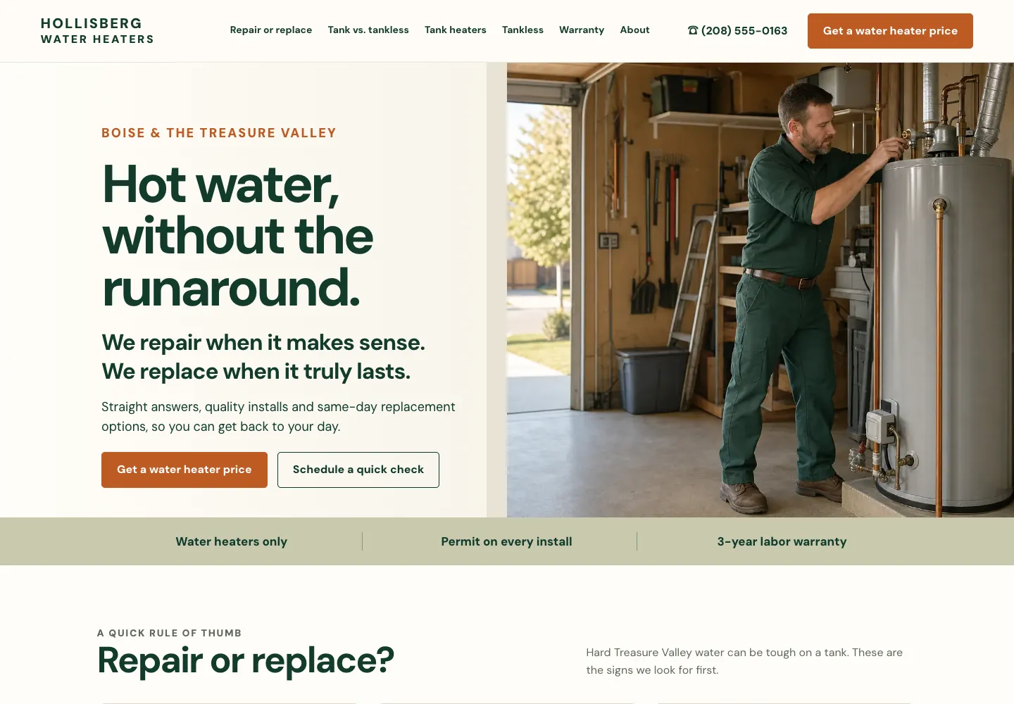 Hollisberg Water Heaters home page, built by Theo: a menu of Repair or replace, Tank vs. tankless, Tank heaters, Tankless, Warranty and About, the phone number, a Get a water heater price button, and Boise and the Treasure Valley above the headline