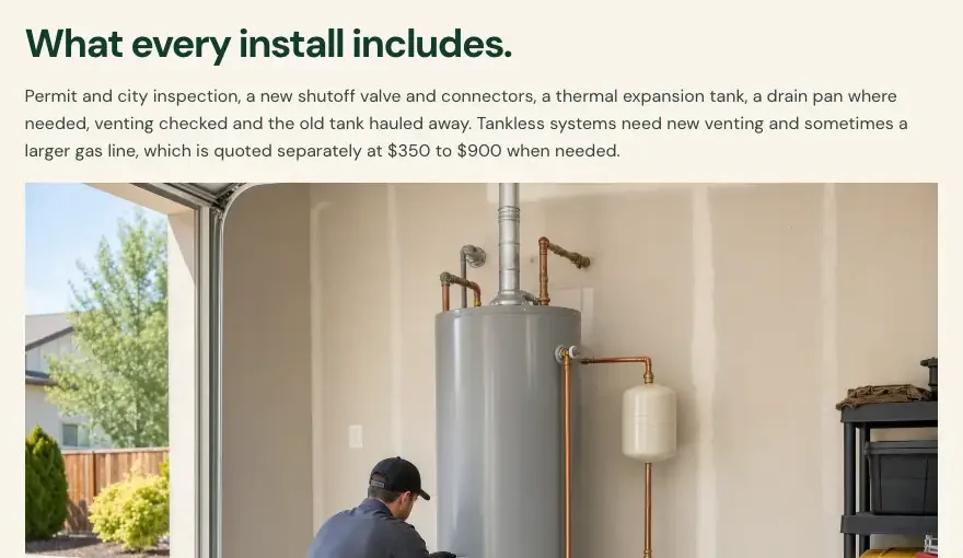 Hollisberg Water Heaters' tank vs. tankless page, built by Theo: What every install includes, listing the permit, a new shutoff valve, an expansion tank and haul-away, and the price range for a larger gas line on a tankless install