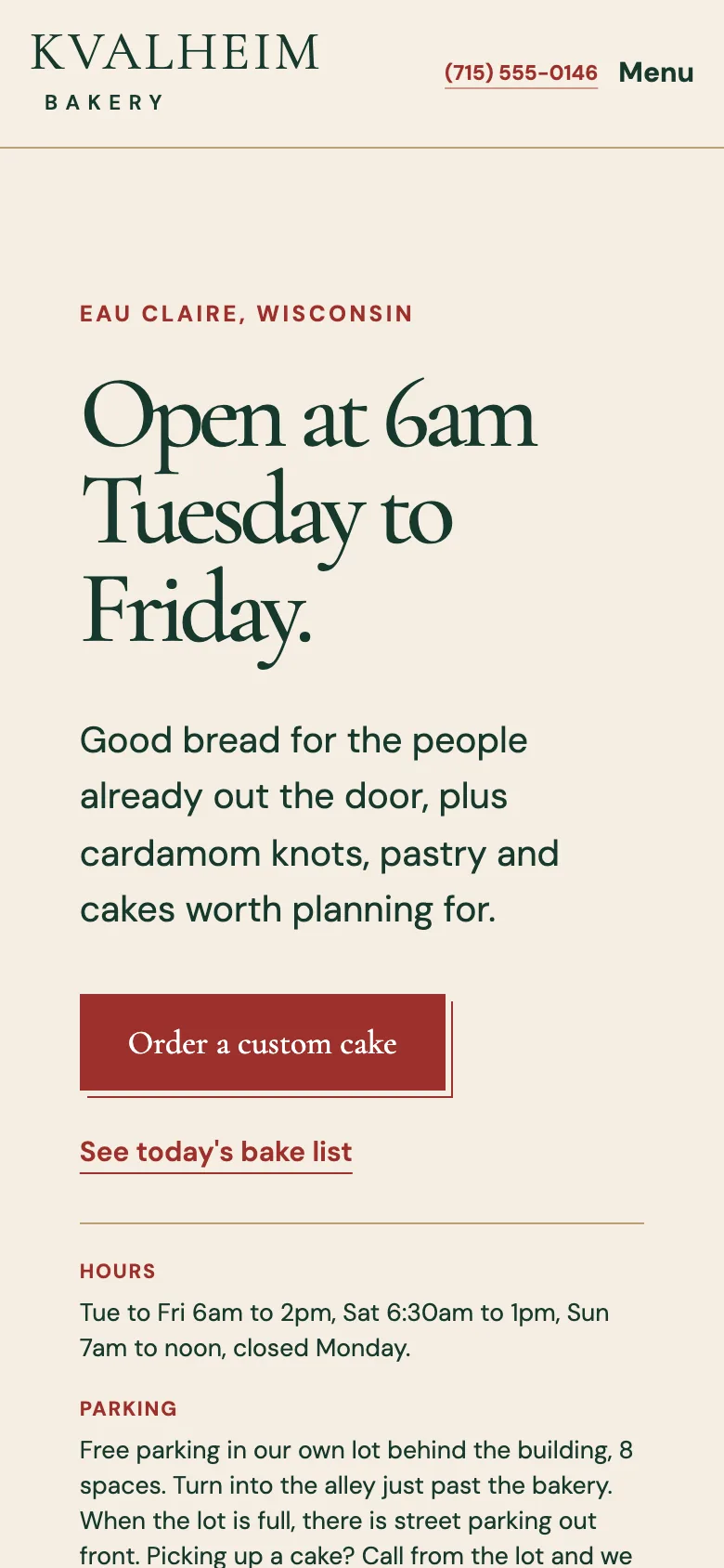Kvalheim Bakery home page on a phone, built by Theo