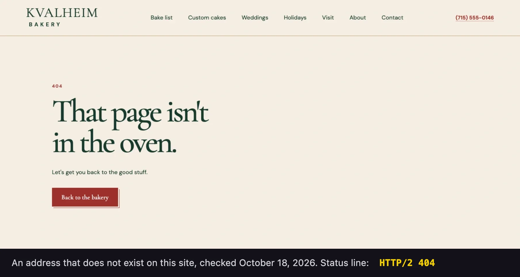Kvalheim Bakery's not-found page, a site built by Theo, headed That page isn't in the oven, with a Back to the bakery button, above the status line HTTP/2 404
