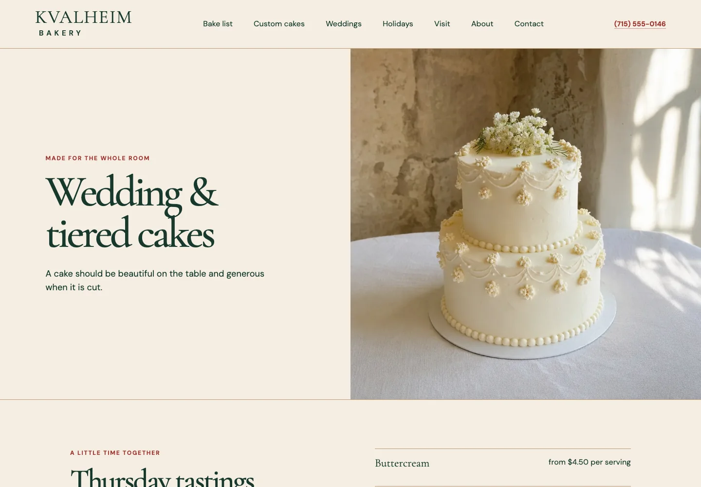 Kvalheim Bakery's Wedding and tiered cakes page, a site built by Theo, with a two-tier white cake on a linen table