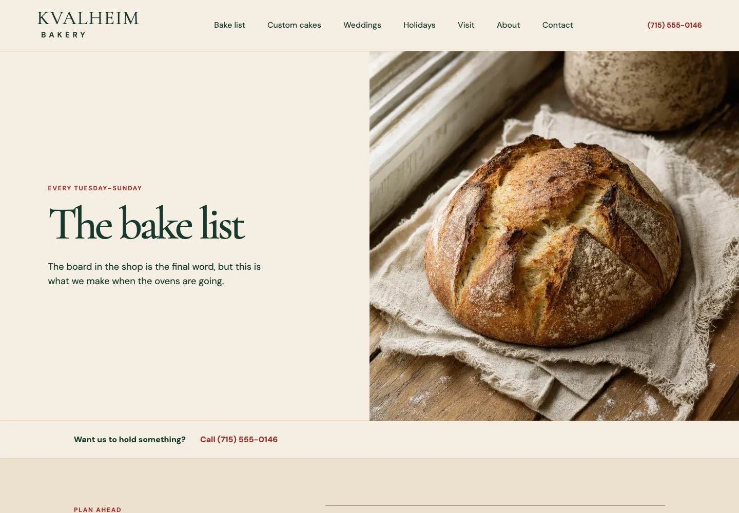 Bake list page of Kvalheim Bakery, built by Theo