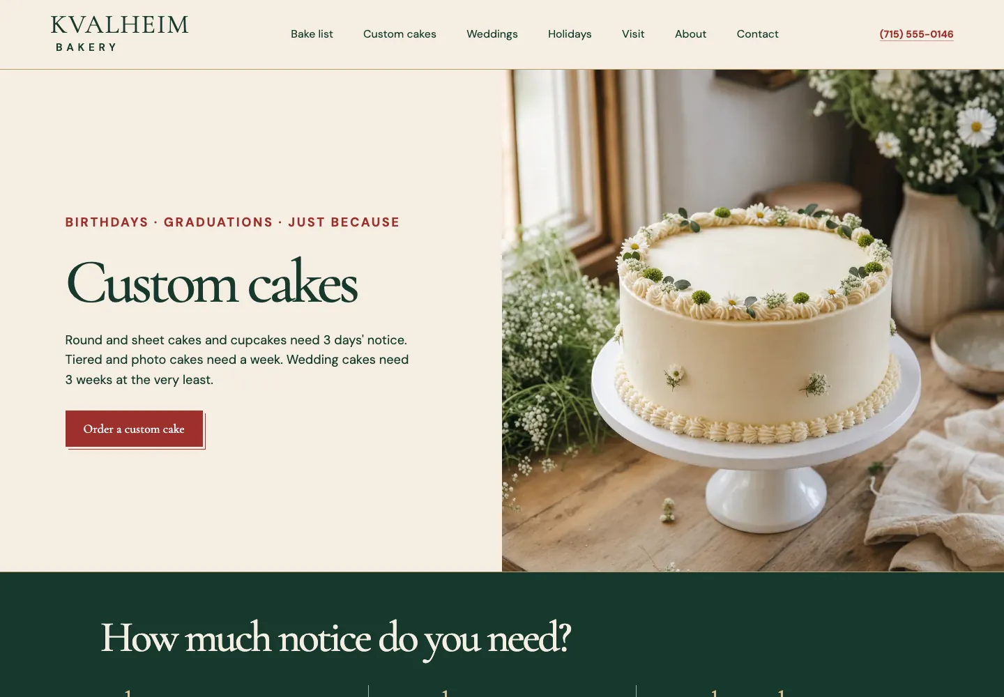 Custom cakes page of Kvalheim Bakery, built by Theo