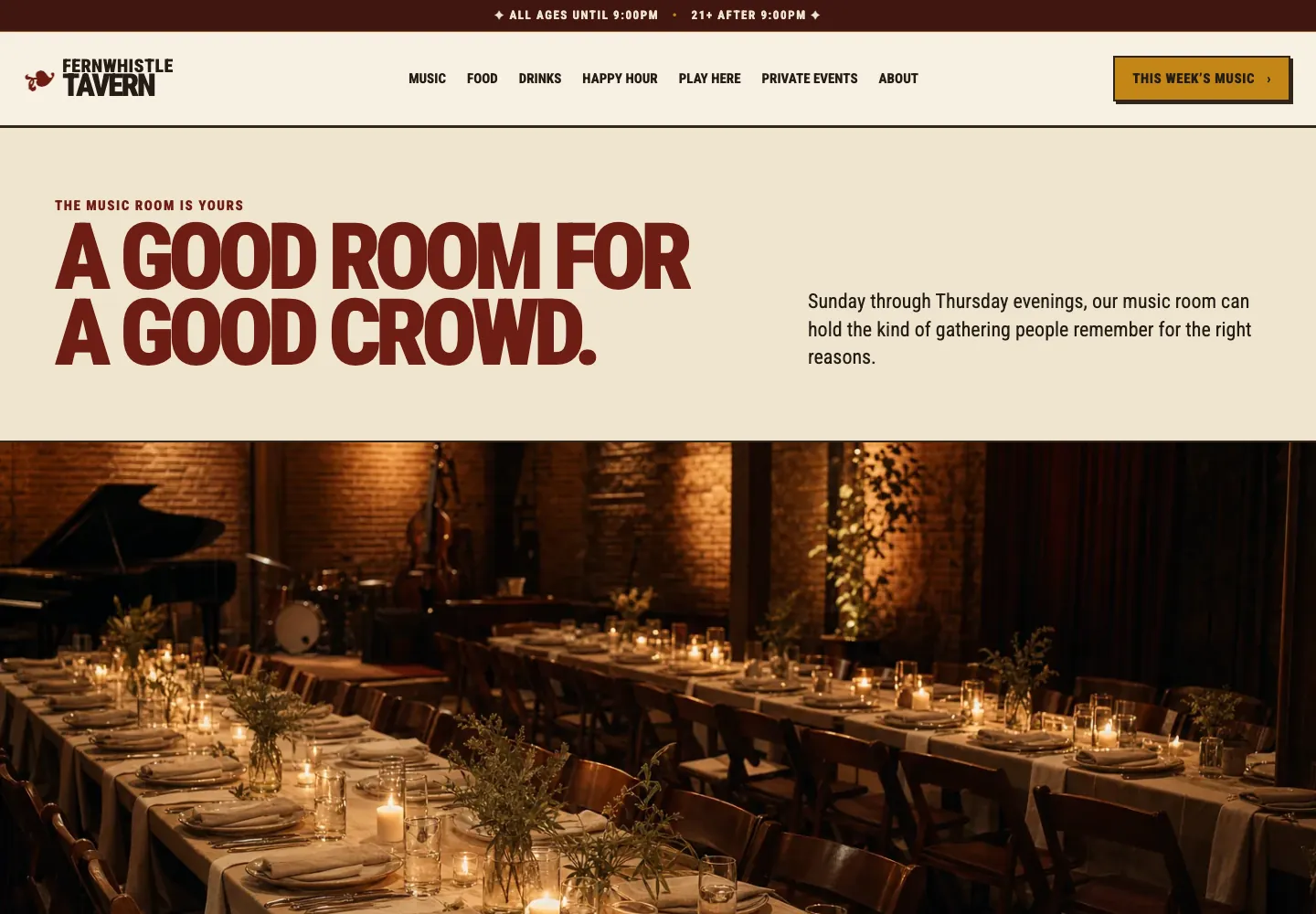 Private events page of Fernwhistle Tavern, built by Theo